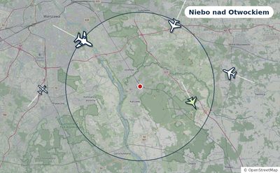 Mapa okolic miasta z sylwetkami samolotów — Niebo nad Otwockiem na żywo