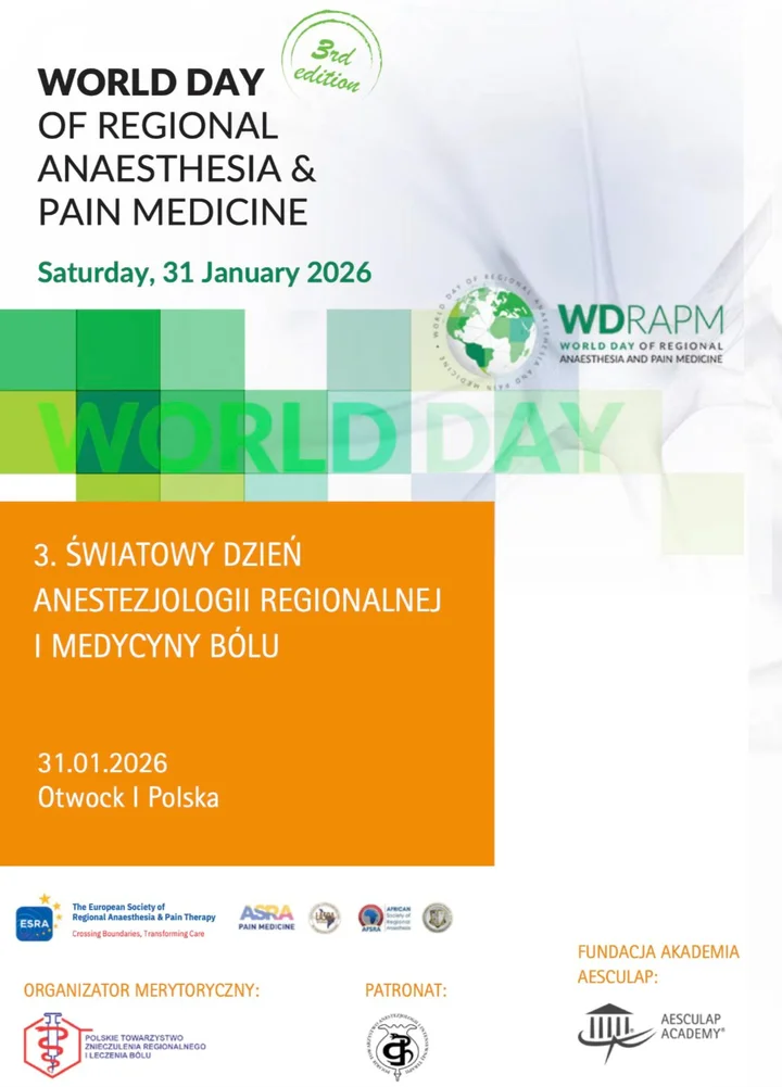 Grafika promocyjna wydarzenia 3. Światowy Dzień Anestezjologii Regionalnej i Medycyny Bólu — Otwock, 31 stycznia 2026