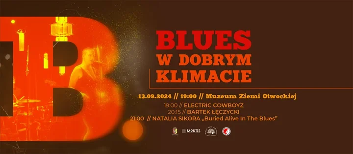 Obrazek przedstawia grafikę promocyjną wydarzenia Kiedy i gdzie: koncerty bluesowe w Muzeum Ziemi Otwockiej i na targowisku