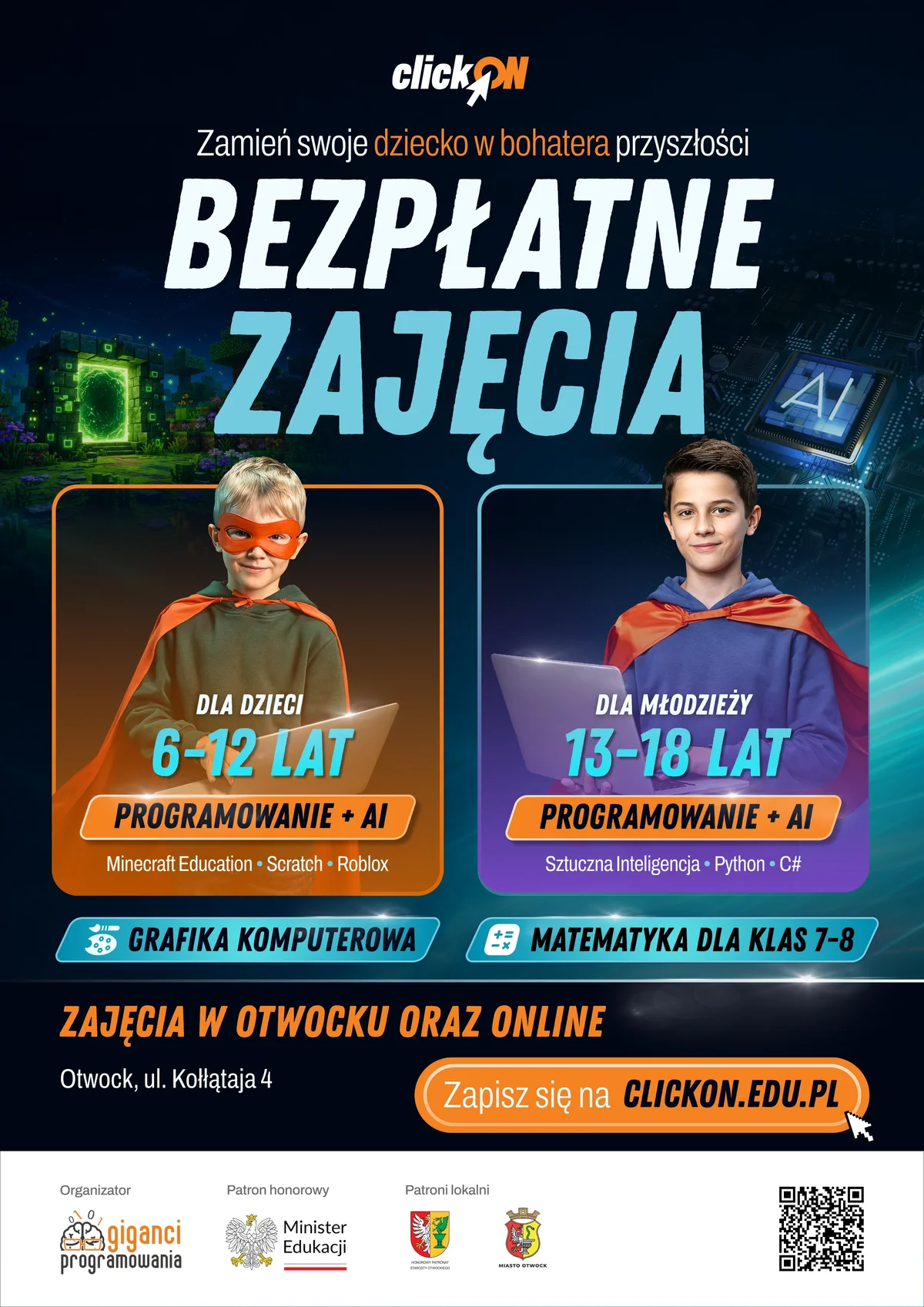 Grafika promocyjna wydarzenia clickON – zamień swoje dziecko w bohatera przyszłości!