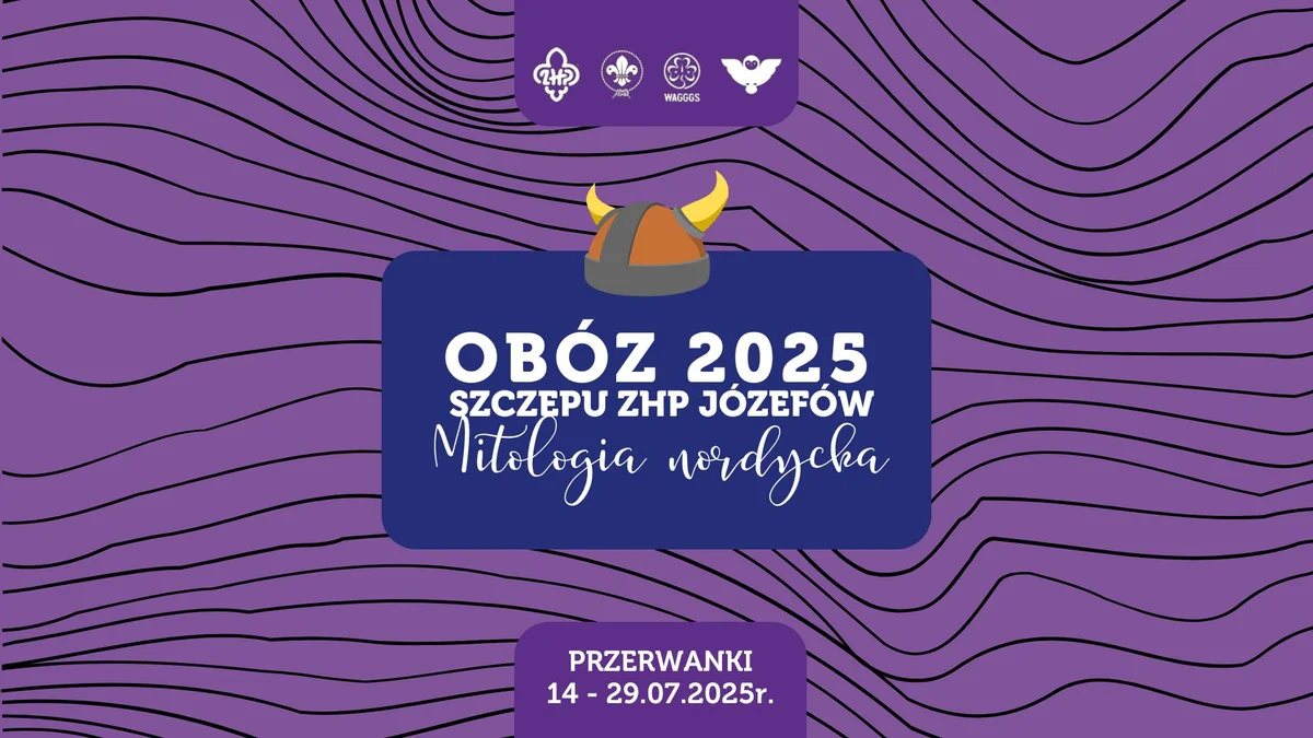Grafika promocyjna wydarzenia Letni obóz harcerski i wędrowniczy z motywem nordyckim