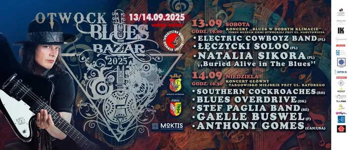 Obrazek przedstawia grafikę promocyjną wydarzenia Festiwal bluesowy w Otwocku — dwudniowe koncerty 13–14 września 2025