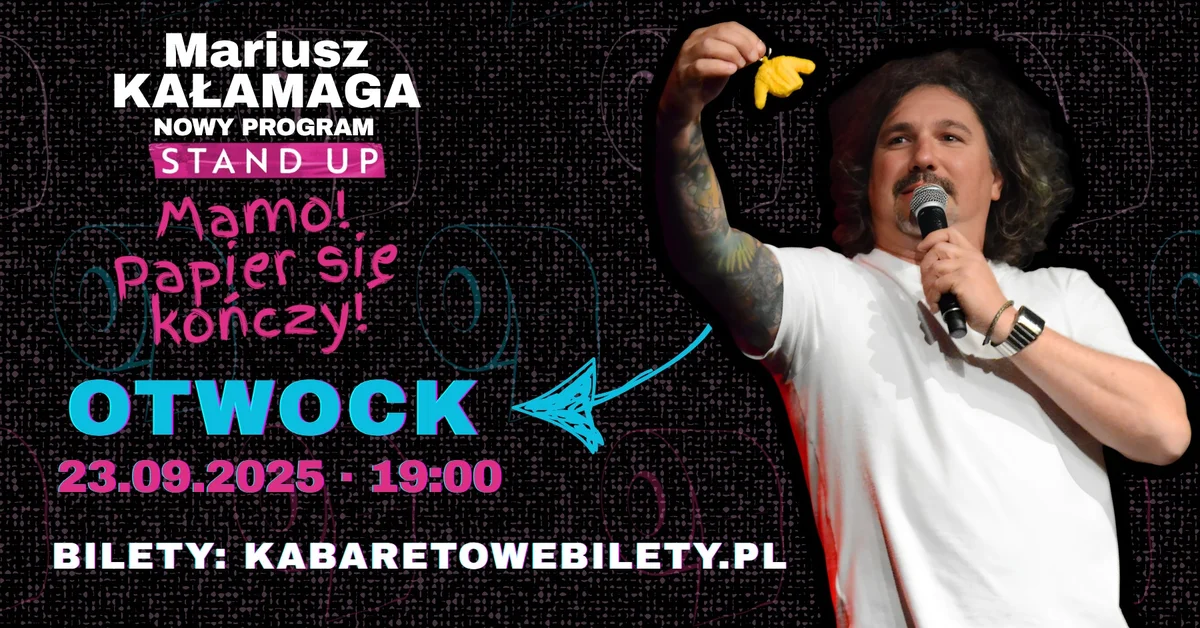 Grafika promocyjna wydarzenia Stand-up Mariusza Kałamagi w Otwocku