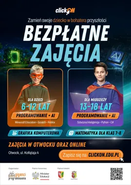 Grafika promocyjna wydarzenia clickON – zamień swoje dziecko w bohatera przyszłości!