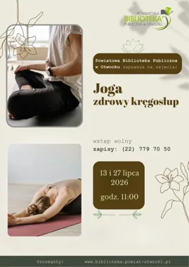Grafika promocyjna wydarzenia Lipcowe zajęcia jogi w Powiatowej Bibliotece Publicznej