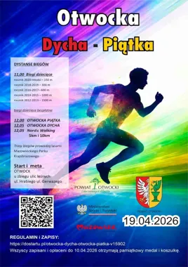 Grafika promocyjna wydarzenia Otwocka Dycha / Otwocka Piątka 2026 – biegi w lesie otwockim, dziecięce starty i nordic walking