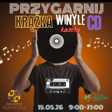 Grafika promocyjna wydarzenia Przygarnij Krążka w Galerii Kupieckiej w Otwocku – winyle, CD i kasety 15 maja 2026