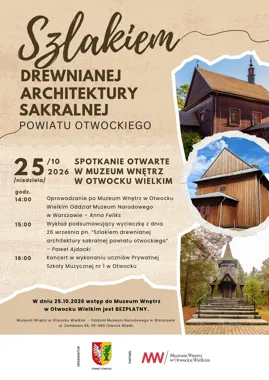 Grafika promocyjna wydarzenia Spotkanie o drewnianej architekturze sakralnej w Otwocku Wielkim