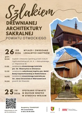 Grafika promocyjna wydarzenia Szlakiem drewnianej architektury sakralnej powiatu otwockiego
